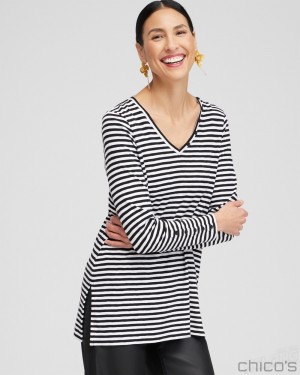 Chico's Stripe Button Detail Tunic Tops Black | 978-MHISZD