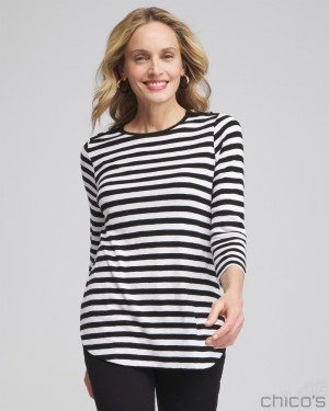 Chico's Stripe Button Trim Ribbed Tunic Tops Black | 048-RPSYFX