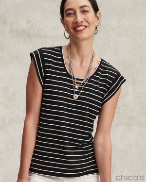 Chico's Stripe Cap Sleeve Tee Tees & Tanks Black | 380-PTXNRB