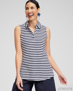 Chico's Stripe Collared Tunic Tank Tees & Tanks Classic Navy | 657-VTFBSK