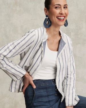 Chico's Stripe Linen Frayed Jacket Jackets & Coats Alabaster | 524-EPDCRL