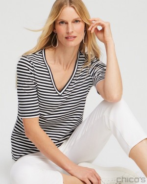 Chico's Stripe Perfect Elbow Sleeve Tee Tops Alabaster | 317-LRAIWT