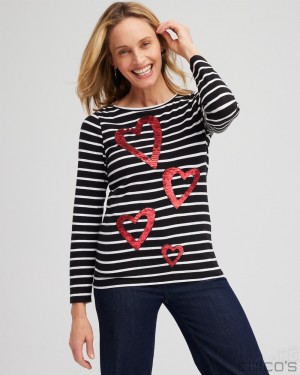 Chico's Stripe Sequin Hearts Tee Tees & Tanks Black | 781-FAGULN