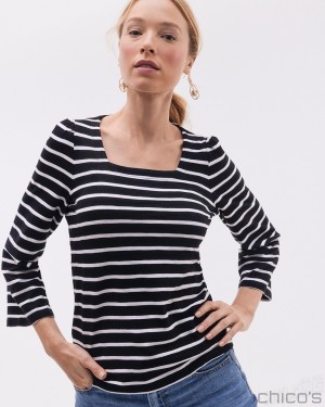 Chico's Stripe Square Neck Bell Sleeve Top Tees & Tanks Black | 932-JCPEDM