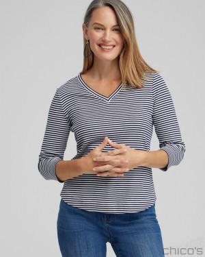 Chico's Stripe V-neck 3/4 Sleeve Tee Tees & Tanks Classic Navy | 041-GJBQLF