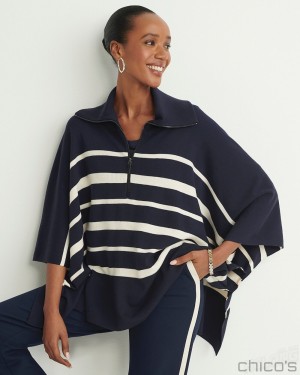 Chico's Stripe Zip Collar Sweater Poncho Ponchos & Ruanas Classic Navy | 436-LOBQMW