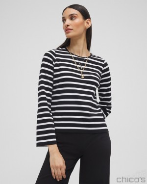 Chico's Striped Long Sleeve Tee Tees & Tanks Black | 412-AVHCIM