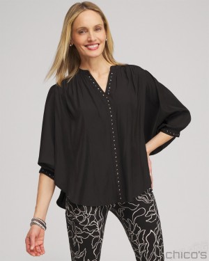 Chico's Stud Trim Top Blouses & Shirts Black | 697-TYXCHN