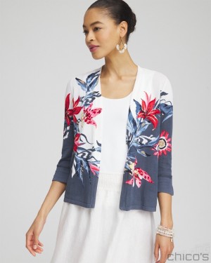 Chico's Summer Romance Floral Short Cardigan Sweaters Soft Slate | 397-PNKXRJ