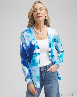 Chico's Summer Romance Watercolor Topper Cardigan Sweaters Intense Azure | 350-FRSHDV