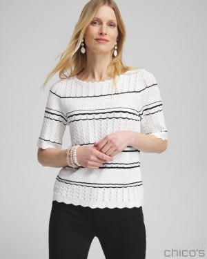 Chico's Textured Pointelle Stripe Pullover Sweaters Alabaster | 235-RXHBWE