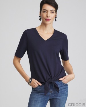 Chico's Tie-Front Top Tees & Tanks Classic Navy | 970-UXZQVA