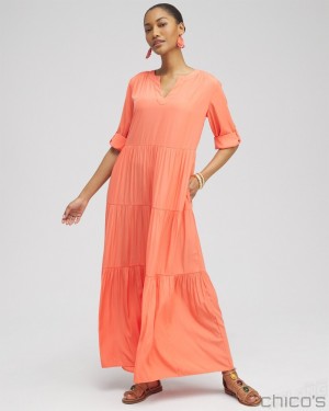 Chico's Tiered A-line Maxi Dress Dresses Nectarine | 125-ZBHQLT