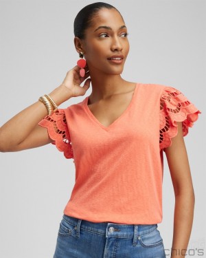 Chico's Tiered Eyelet Sleeve Top Tees & Tanks Nectarine | 531-QFGVLC