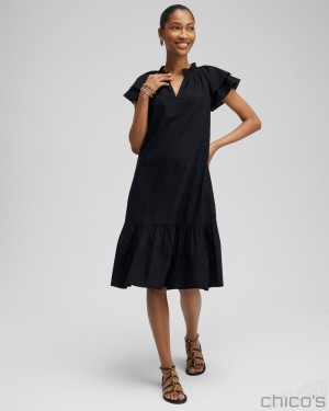 Chico's Tiered Flutter Sleeve Midi Dress Dresses Black | 231-FXZKGT