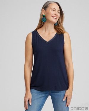 Chico's Touch of Cool Caviar Trim Tank Tees & Tanks Classic Navy | 071-EAGLDW