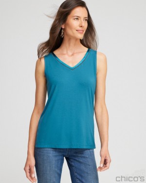 Chico's Touch of Cool Caviar Trim Tank Tees & Tanks Moonlit Teal | 245-FNSVLD