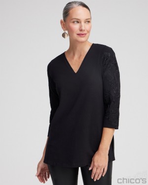 Chico's Touch of Cool Floral Embroidered Tunic Tops Black | 814-AGVXUN