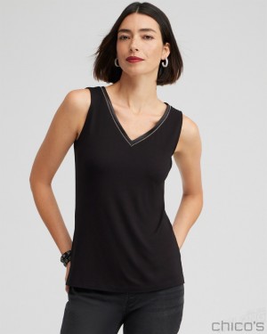 Chico's Touch of Cool Satin Trim Tank Tees & Tanks Black | 358-UJNXIB