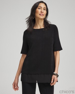 Chico's Travelers Chiffon Hem Top Tops Travelers Black | 213-JIEBKR