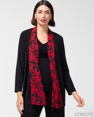 Chico's Travelers Chiffon Trim Scroll Print Jacket Jackets & Coats Travelers Black | 483-WQZVOX