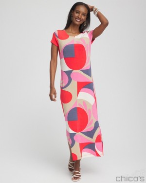 Chico's Travelers Classic Abstract Maxi Dress Dresses Watermelon Punch | 198-IVZHTL