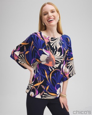 Chico's Travelers Floral Kimono Sleeve Top Tops Travelers India Ink | 016-TQCJBI