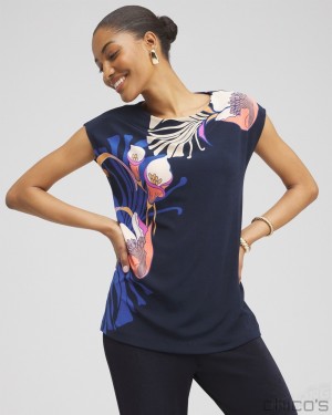 Chico's Travelers Floral Tunic Tops Travelers India Ink | 198-WRPXMF