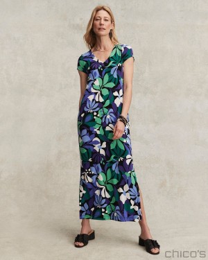 Chico's Travelers Floral V-neck Maxi Dress Dresses Purple Nightshade | 618-IETARB