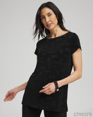 Chico's Travelers Jacquard Cap Sleeve Tunic Tops Travelers Black | 126-KHJAUO