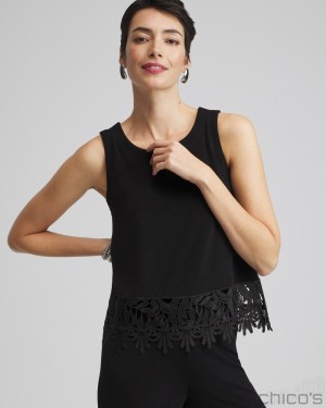 Chico's Travelers Lace Trim Top Tees & Tanks Travelers Black | 024-ASJQEI