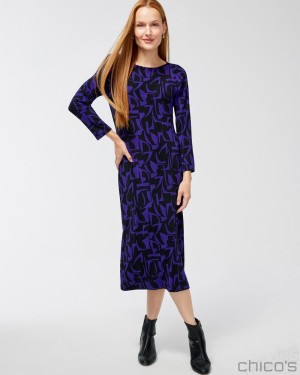 Chico's Travelers Petite Abstract Print A-line Midi Dress Dresses Florentia Plum | 594-BOSQLD