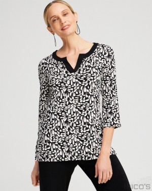 Chico's Travelers Print Split Neck Top Tops Black/Ecru | 348-QPFRMH