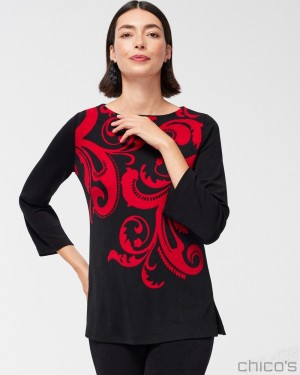 Chico's Travelers Scroll Print Bell Sleeve Tunic Tops Red Allure | 753-JNVGQL