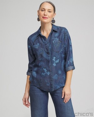 Chico's Twill Floral Fringe Shirt Blouses & Shirts Denim | 563-TNIXLA