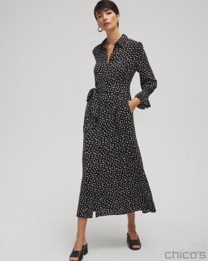 Chico's Twill Polka Dot Shirt Dress Dresses Black | 470-LJXHCU