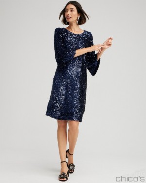 Chico's Velvet Sequin Bell Sleeve Dress Dresses Midnight | 269-OZICFD