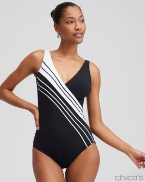 Chico's V-neck One Piece Swimsuit Swim Black/White | 016-TFIYQA