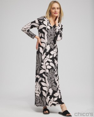 Chico's V-neck Vine Print Maxi Dress Dresses Black | 418-ICWYBF