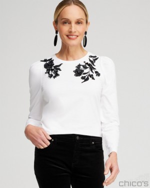 Chico's White Embellished Top Tops Alabaster | 573-DLXBJH