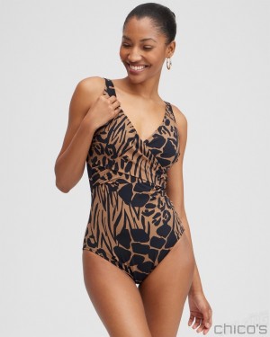 Chico's Wrap Front One Piece Swimsuit Swim Black/Brown | 248-BIONGX