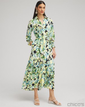 Chico's Yellow Floral Maxi Shirt Dress Dresses Classic Navy | 037-EXBINZ