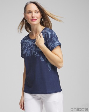 Chico's Zenergy Floral Drop Shoulder Tee Tops Classic Navy | 126-UVMXEW