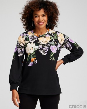 Chico's Zenergy French Terry Floral Pullover Tops Black | 480-NFDMSJ