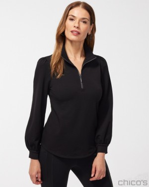 Chico's Zenergy French Terry Half Zip Pullover Tops Black | 240-MBTZWR