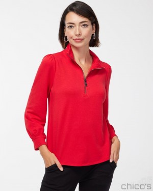 Chico's Zenergy French Terry Half Zip Pullover Tops Wild Poppy | 463-JEQFZN