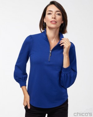 Chico's Zenergy French Terry Half Zip Pullover Tops Cobalt Night | 476-RZFPHY