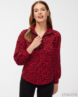 Chico's Zenergy French Terry Print Half Zip Pullover Tops Wild Poppy | 792-NXMWFI