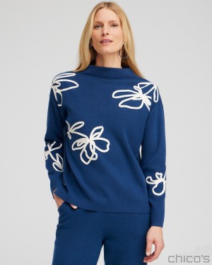 Chico's Zenergy Luxe Cashmere Blend Soutache Top Tops Azores Blue | 723-QNJAPE