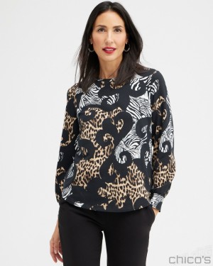 Chico's Zenergy Mixed Animal Print Sweatshirt Sweaters Black | 587-WYSORB